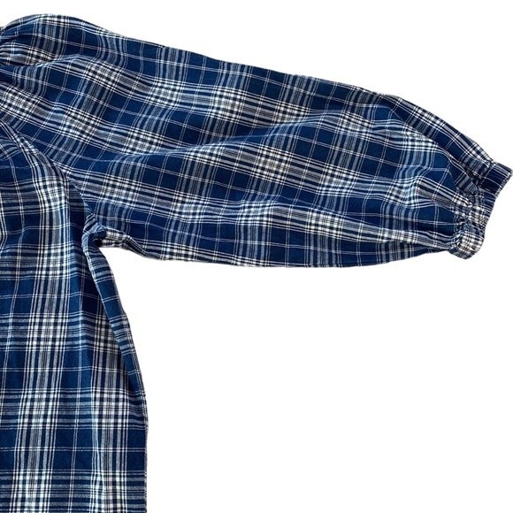 J Crew Plaid Smocked Ruffleneck Top Ansley Blue Wash Ballon 3/4 Sleeve High Neck - Picture 15 of 16